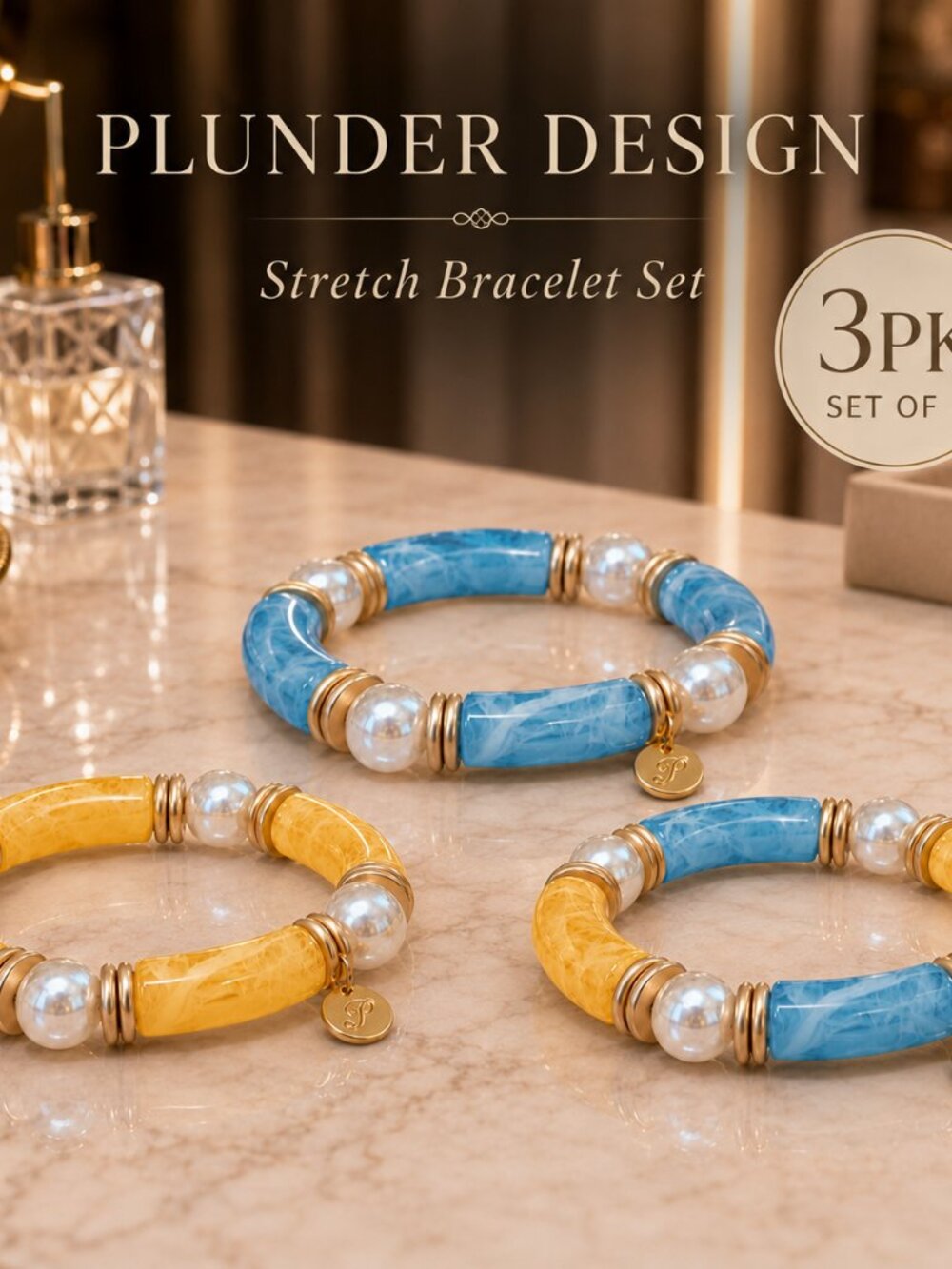 3pk Plunder Marbled Tube Bead Stretch Bracelet Faux Pearl Gold Tone
